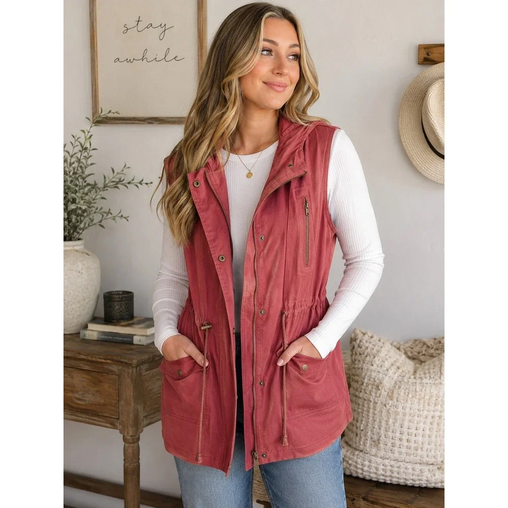 Zenana Outfitters Hooded Cinch Waist Utility Cargo Vest Size Large Cotton Layer - Picture 1 of 12